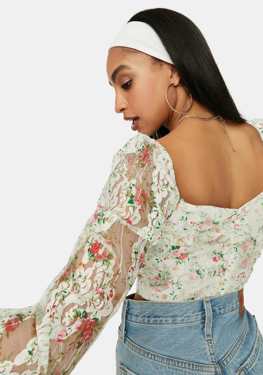 A Girls World Sheer Floral Lace Crop Top