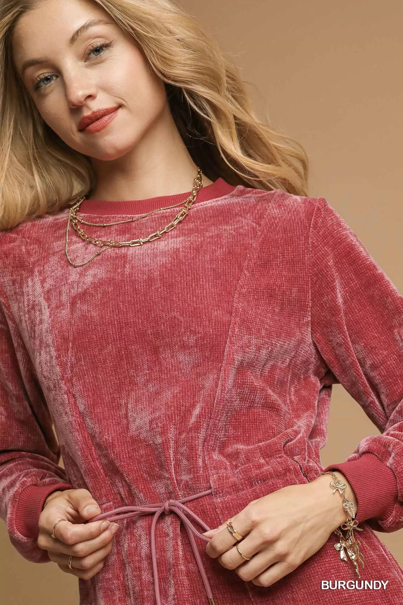 Umgee Velour Drawstring Mini Dress with Long Sleeves