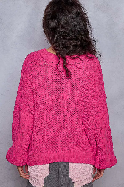 POL Cable-Knit Solid V-Neck Cropped Sweater