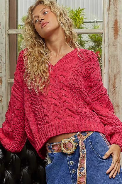 POL Cable-Knit Solid V-Neck Cropped Sweater