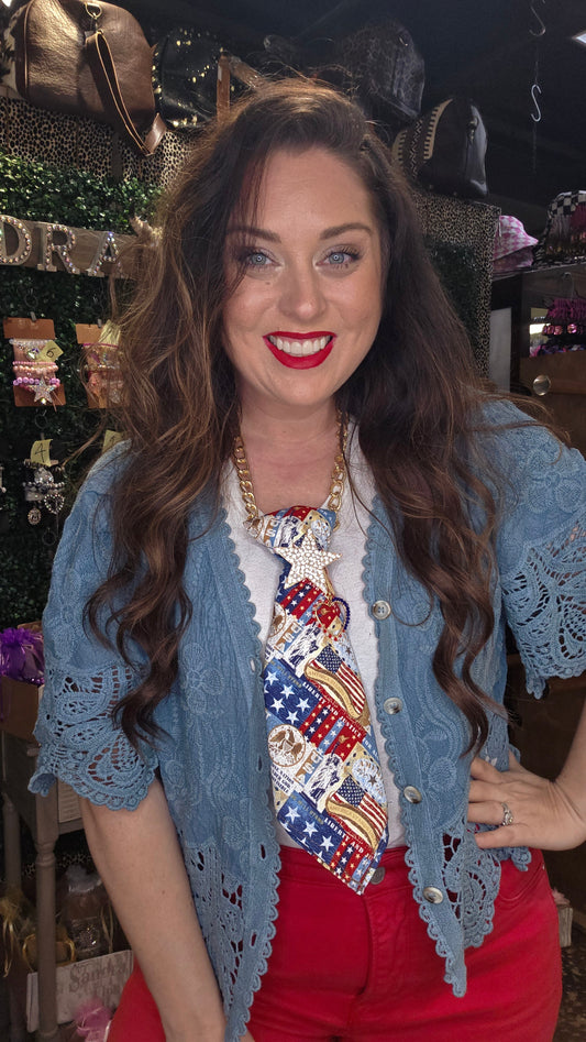 Origami - Blue Belle Lace Button Front Crochet Top