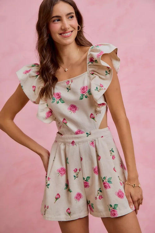 SO ME Floral Print Denim Cut Out Waist Ruffled Romper