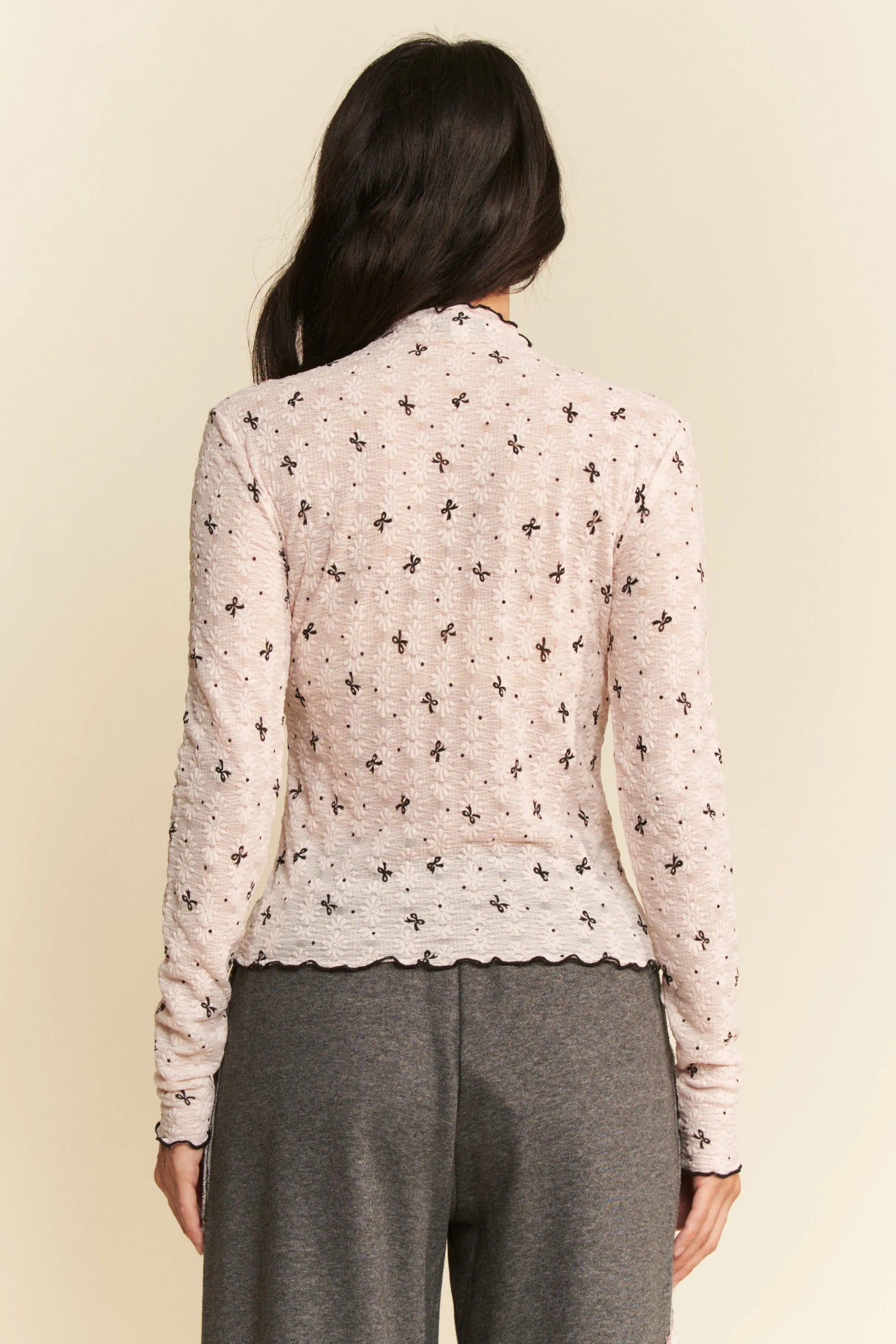 Davi & Dani Ribbon Bow Lace Hem Long Sleeve Mesh Layering Top