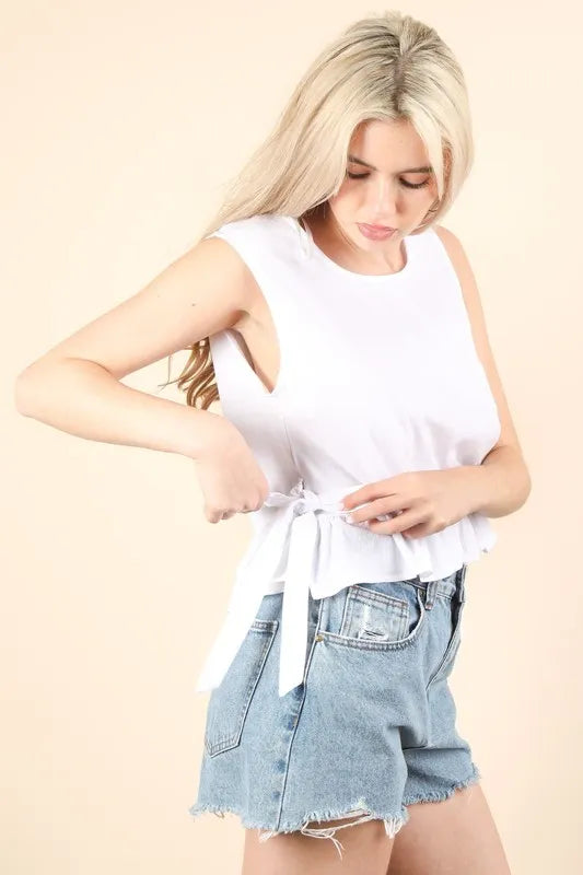 VERY J Side Tie Detail Ruffled Sleeveless Top