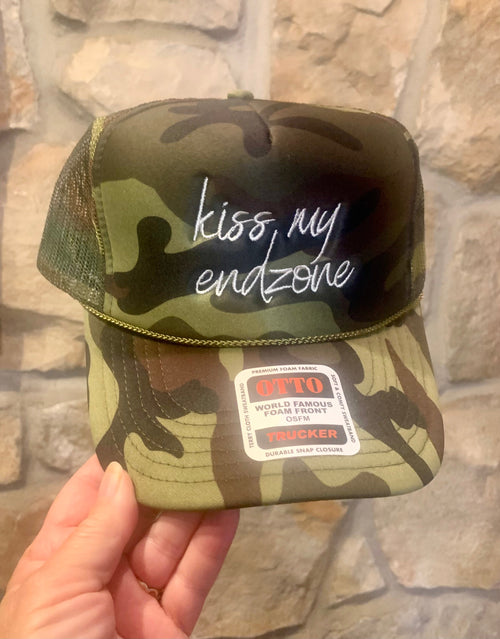 Kiss My Endzone Camo Trucker Hat | Embroidered Game Day Hat