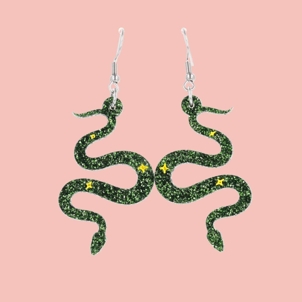 Green Glitter Medusa Snake Earrings