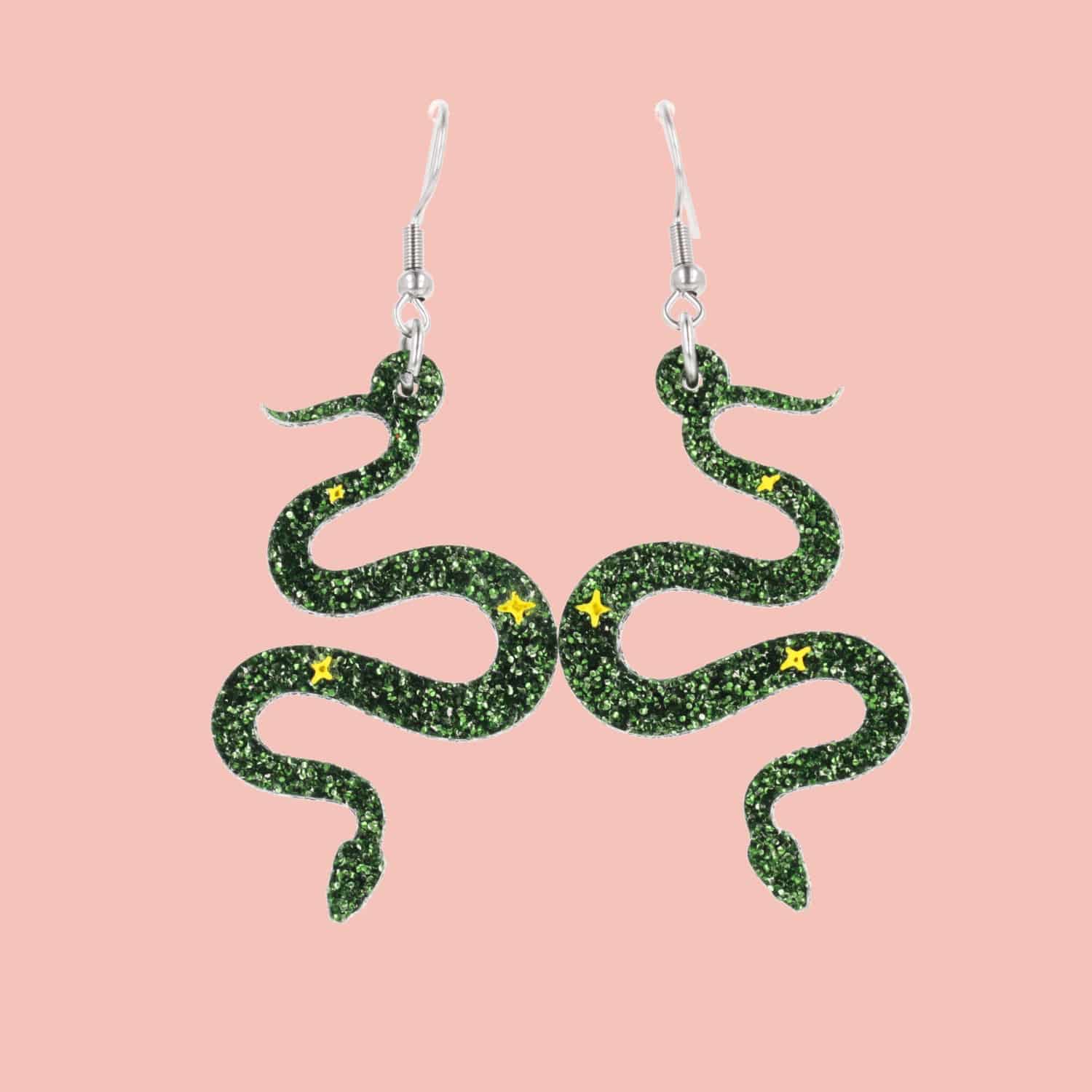 Green Glitter Medusa Snake Earrings