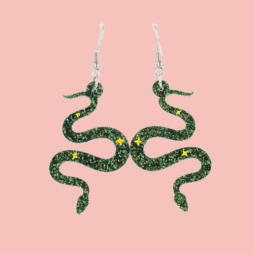 Green Glitter Medusa Snake Earrings