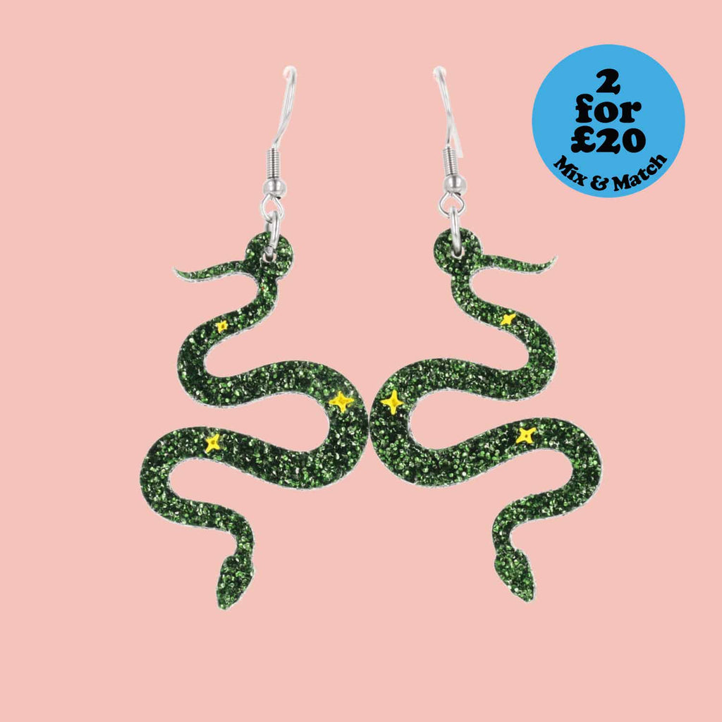 Green Glitter Medusa Snake Earrings
