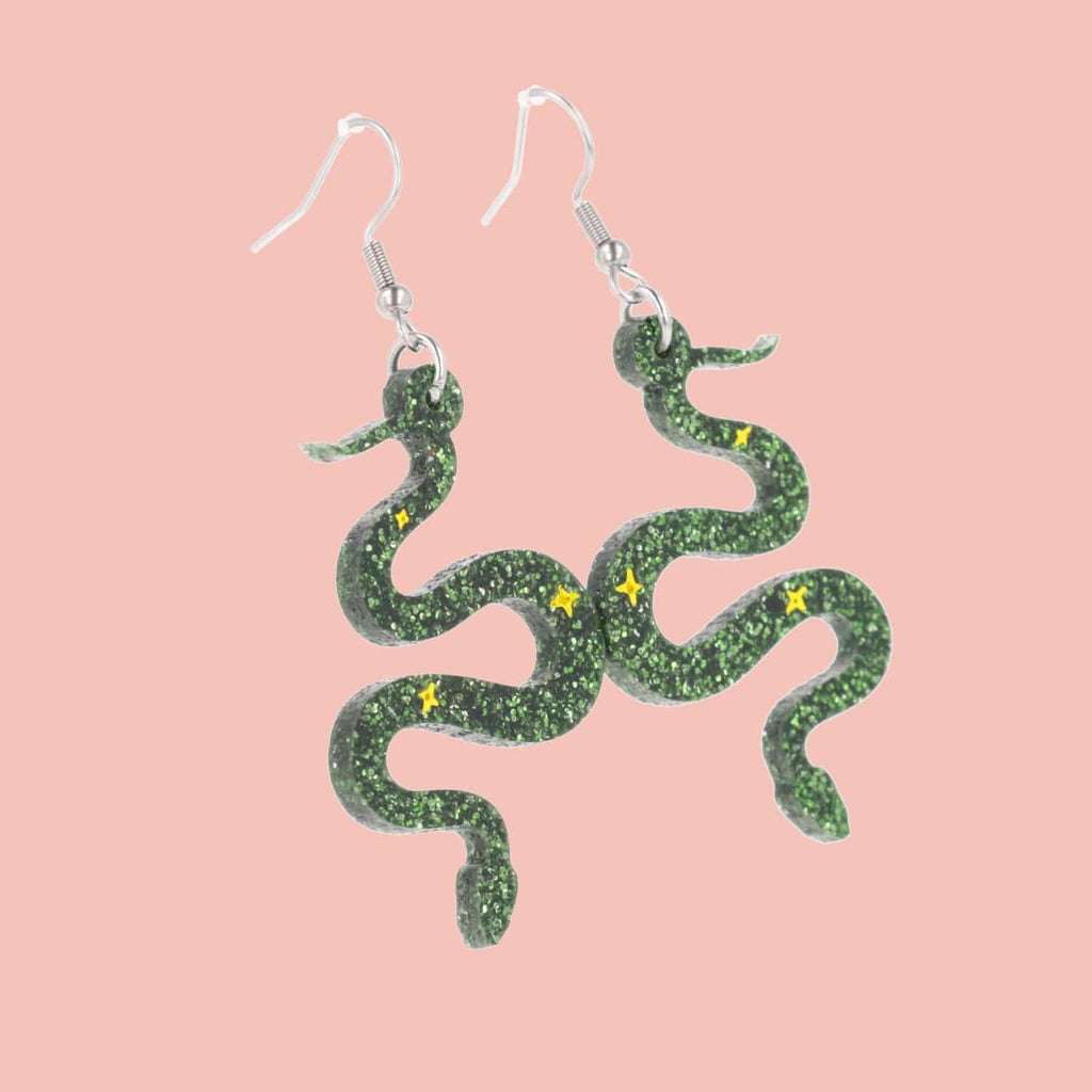 Green Glitter Medusa Snake Earrings