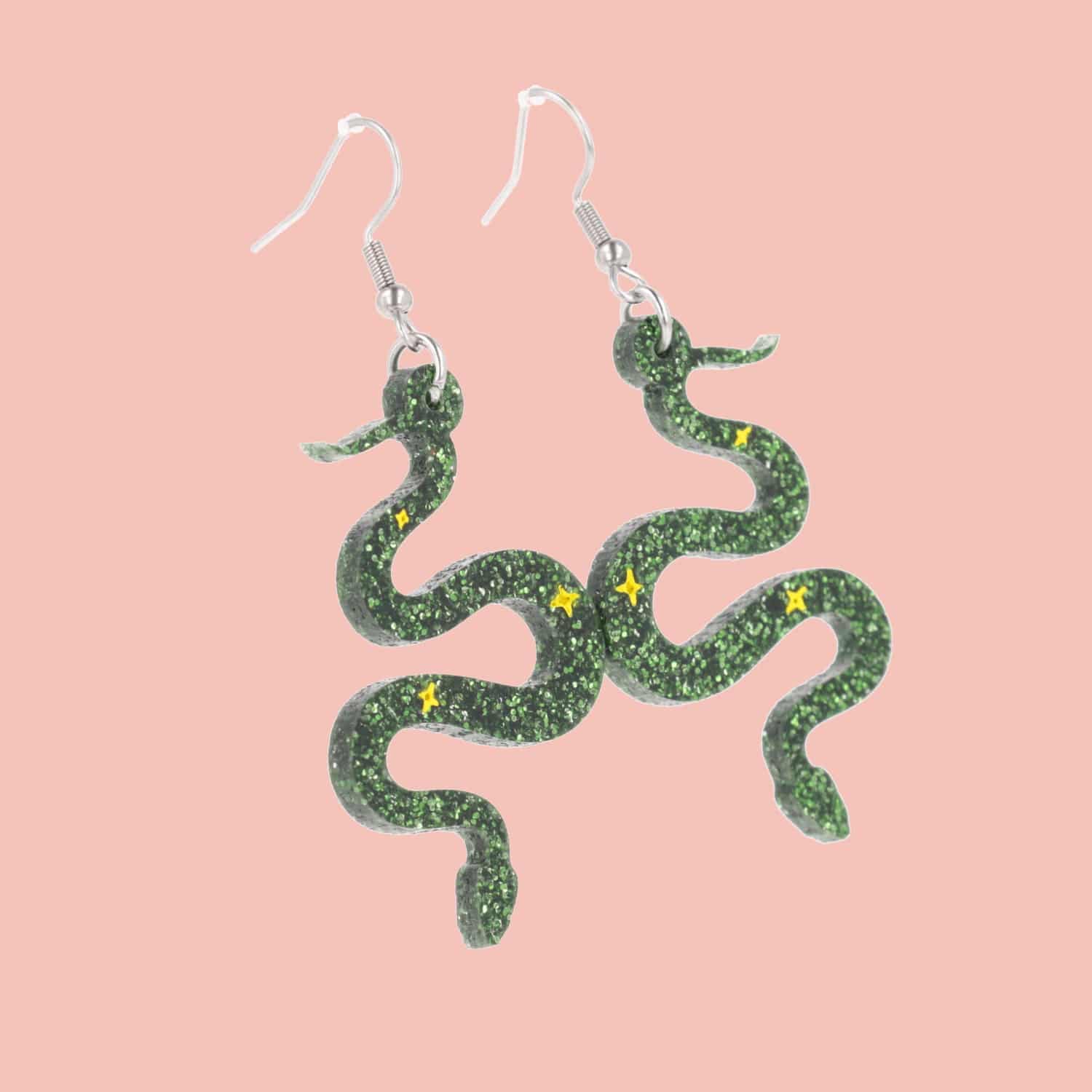 Green Glitter Medusa Snake Earrings