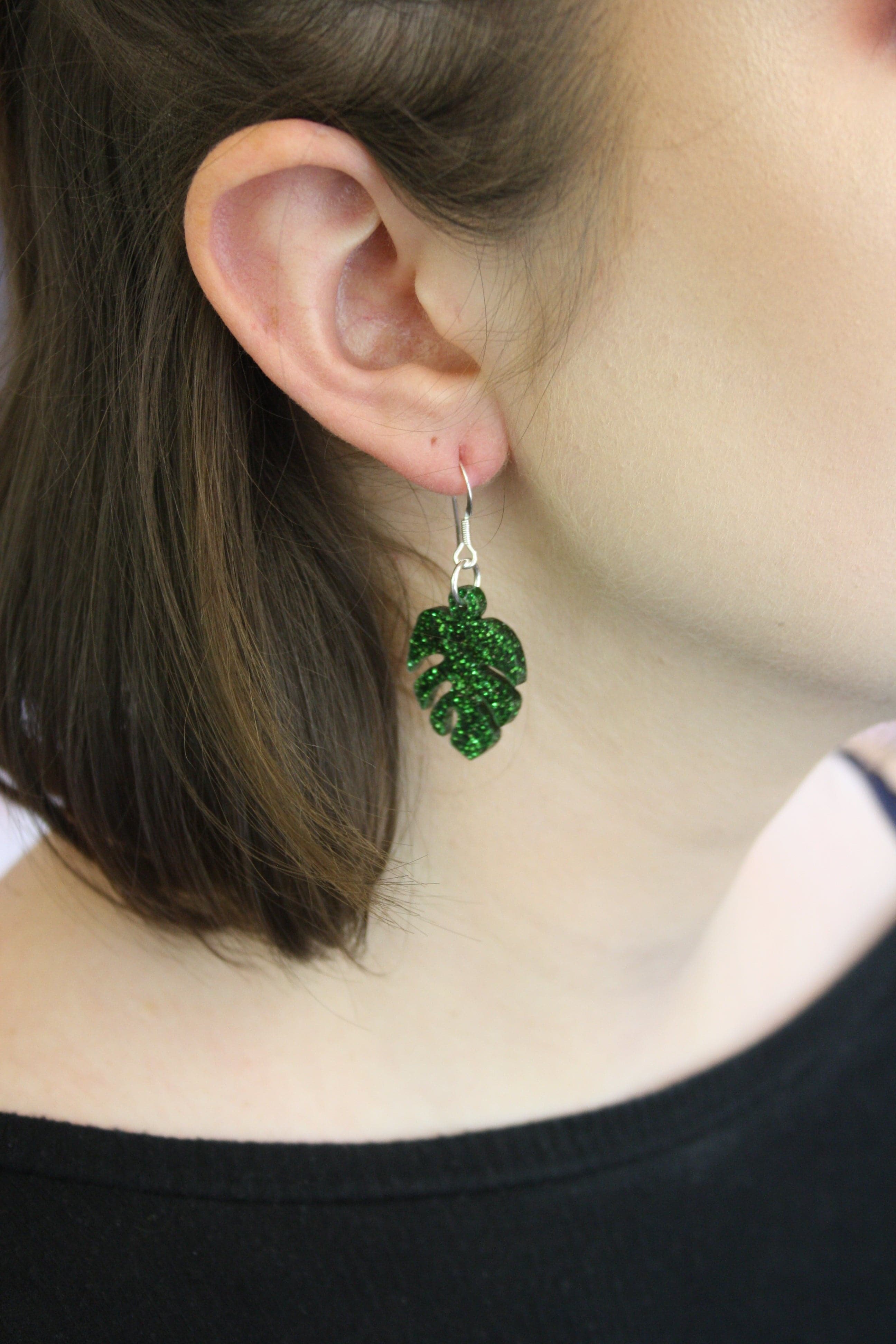 Green Glitter Monstera Earrings