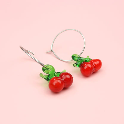 Glass Cherry Hoop Earrings