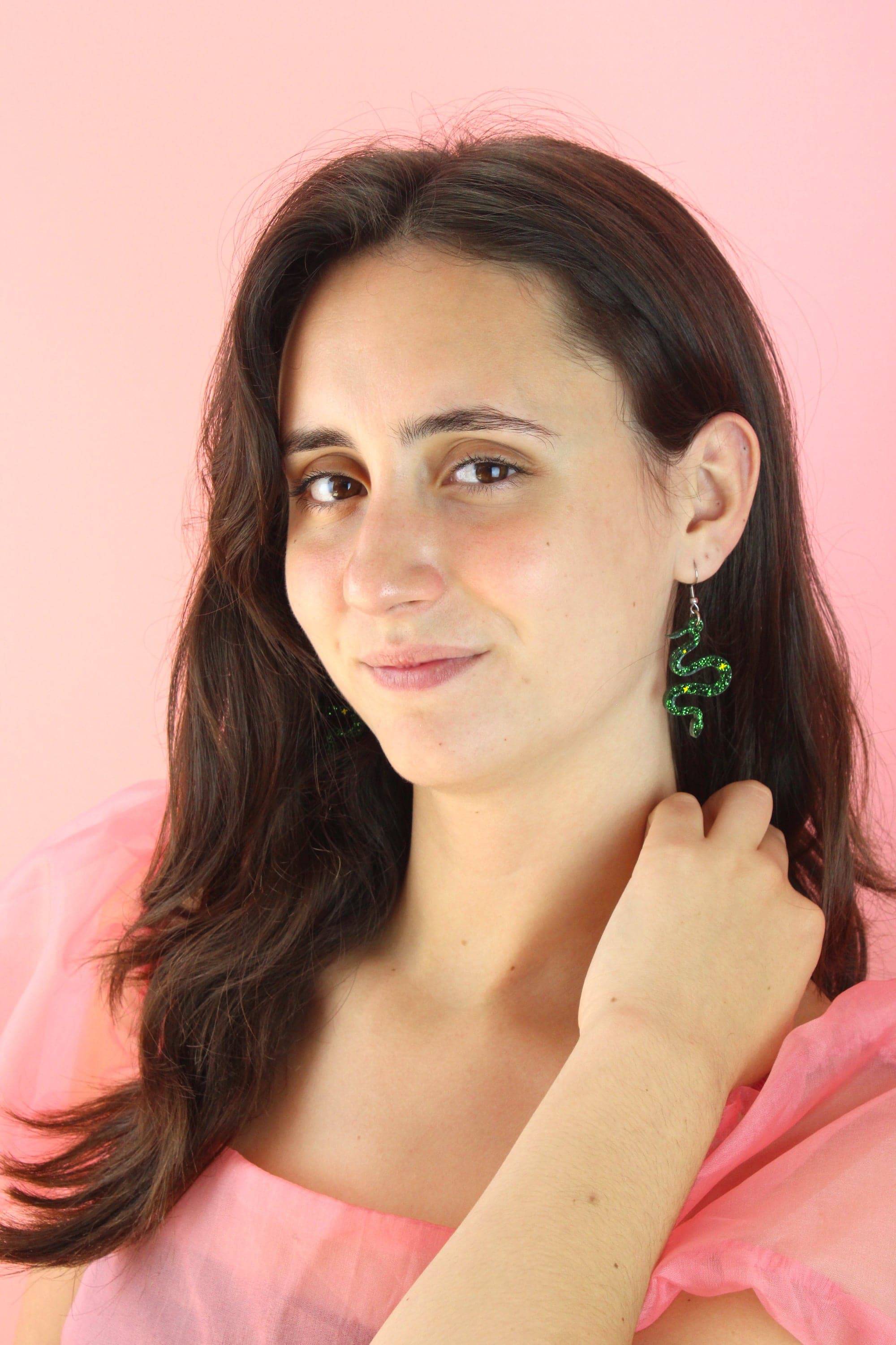 Green Glitter Medusa Snake Earrings