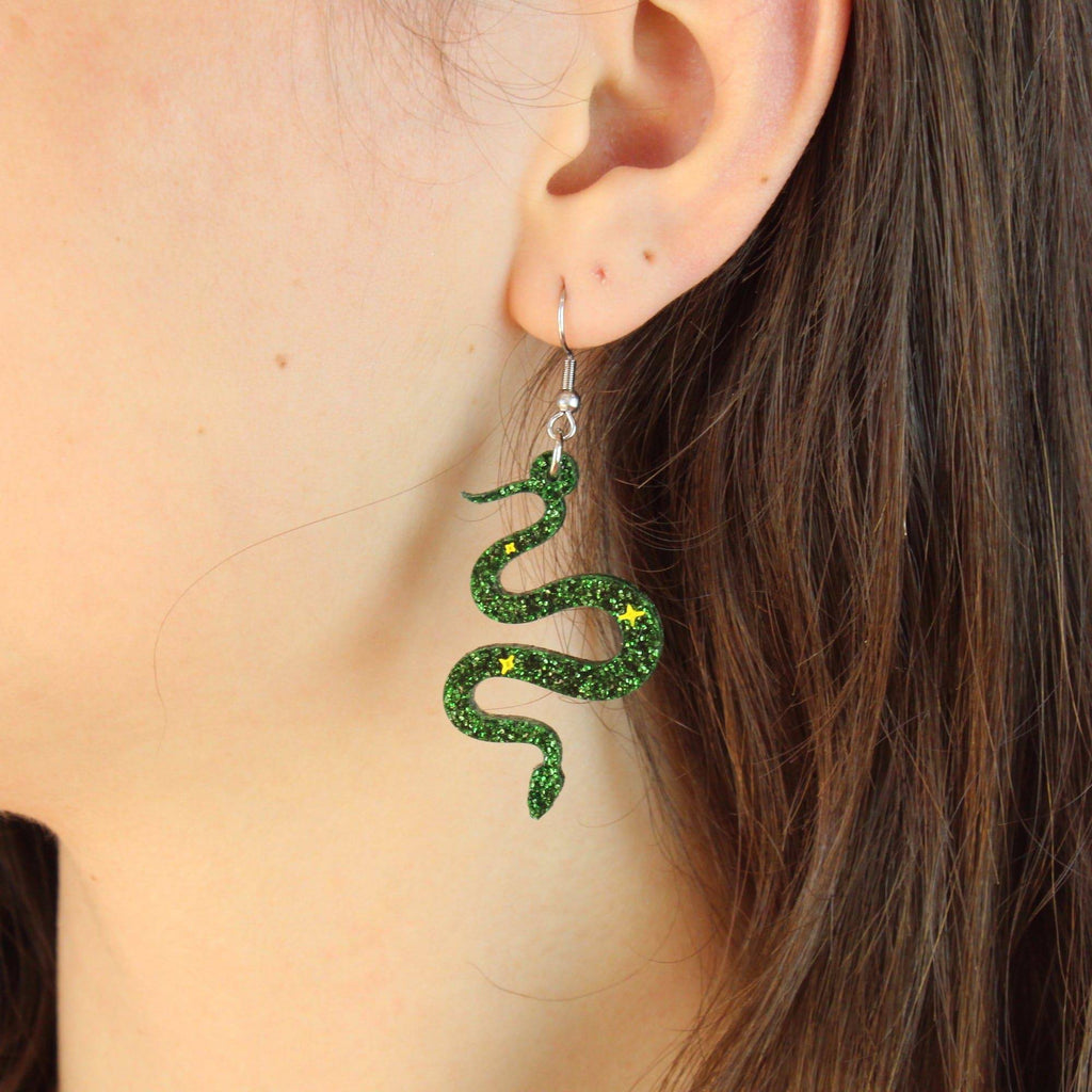 Green Glitter Medusa Snake Earrings