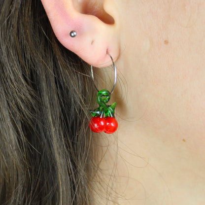 Glass Cherry Hoop Earrings