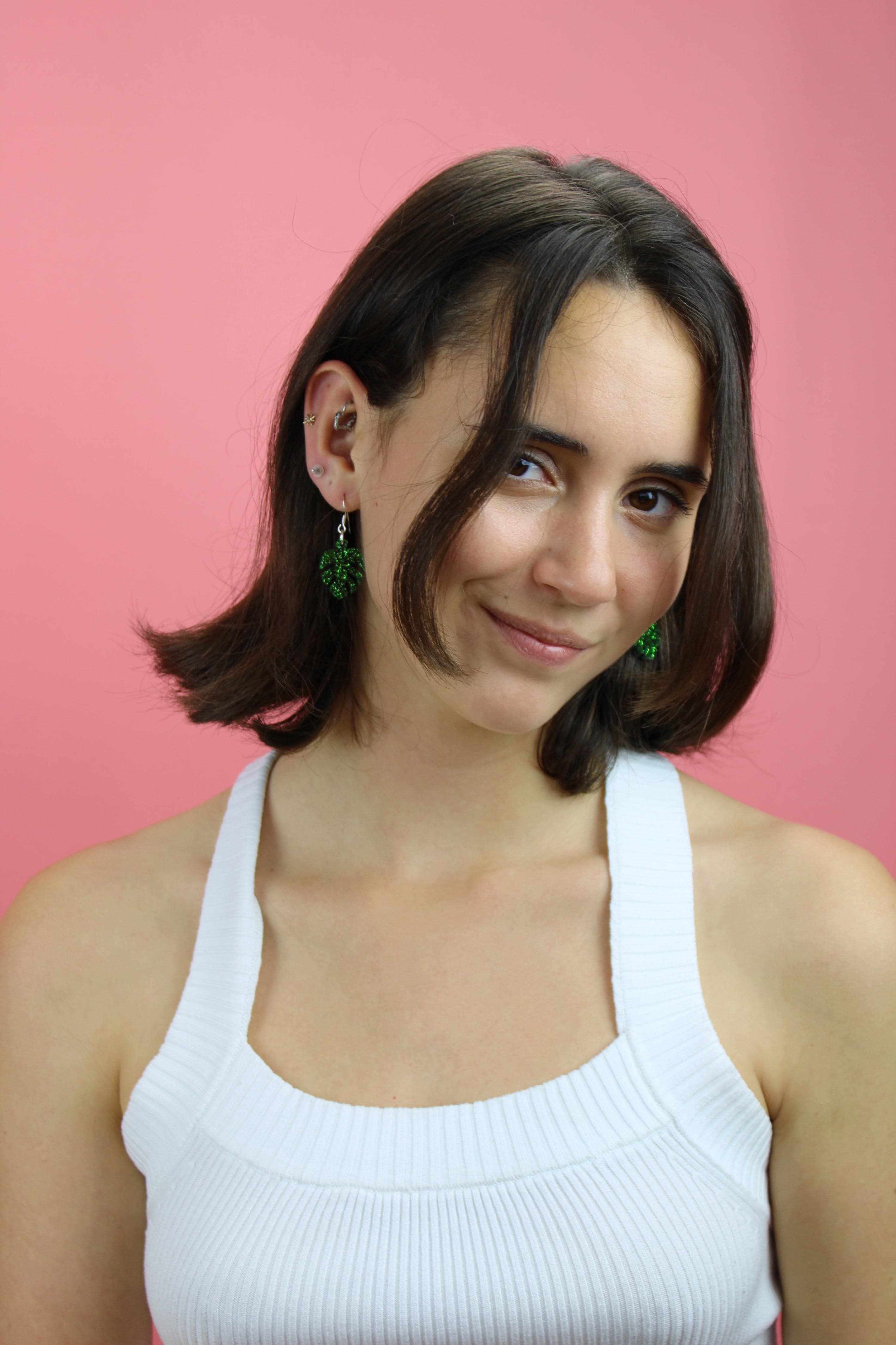 Green Glitter Monstera Earrings
