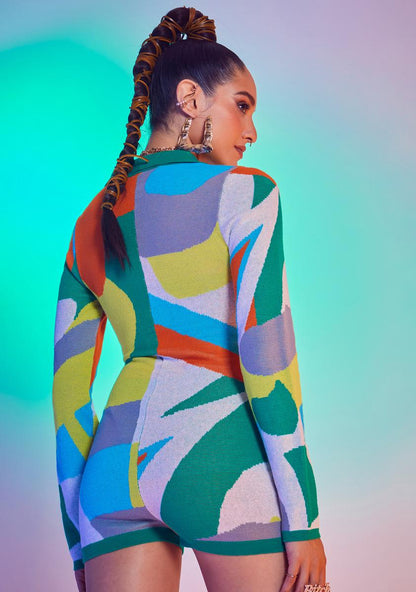 Abstract Art Print Long Sleeve Romper