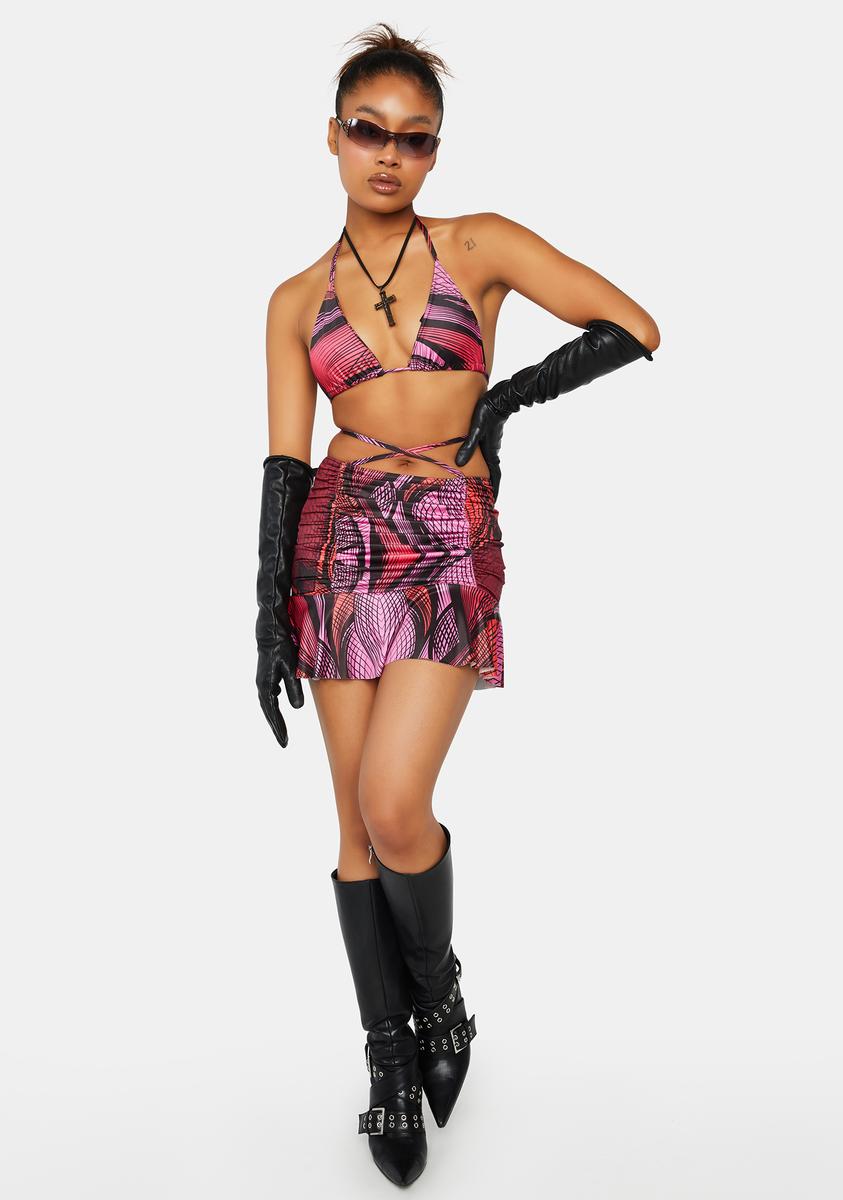 Abstract Printed Ruched Frill Hem Skirt
