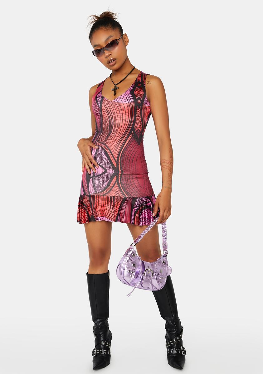 Abstract Printed Plunge Frill Hem Micro Mini Dress
