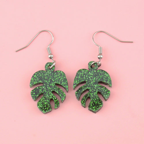Green Glitter Monstera Earrings
