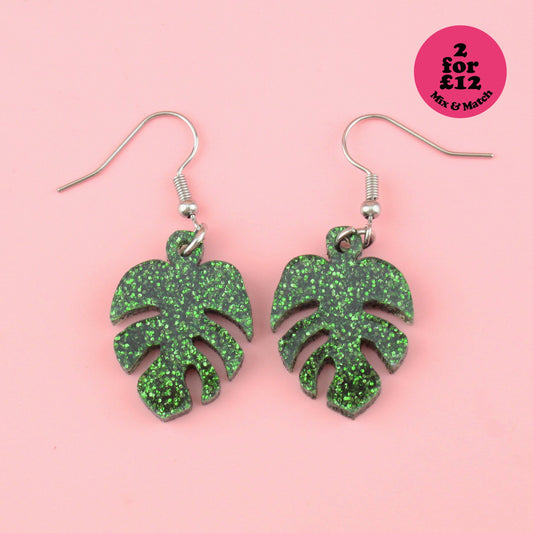 Green Glitter Monstera Earrings