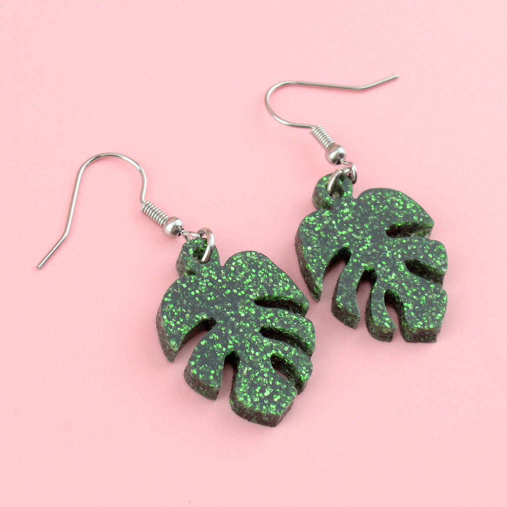 Green Glitter Monstera Earrings