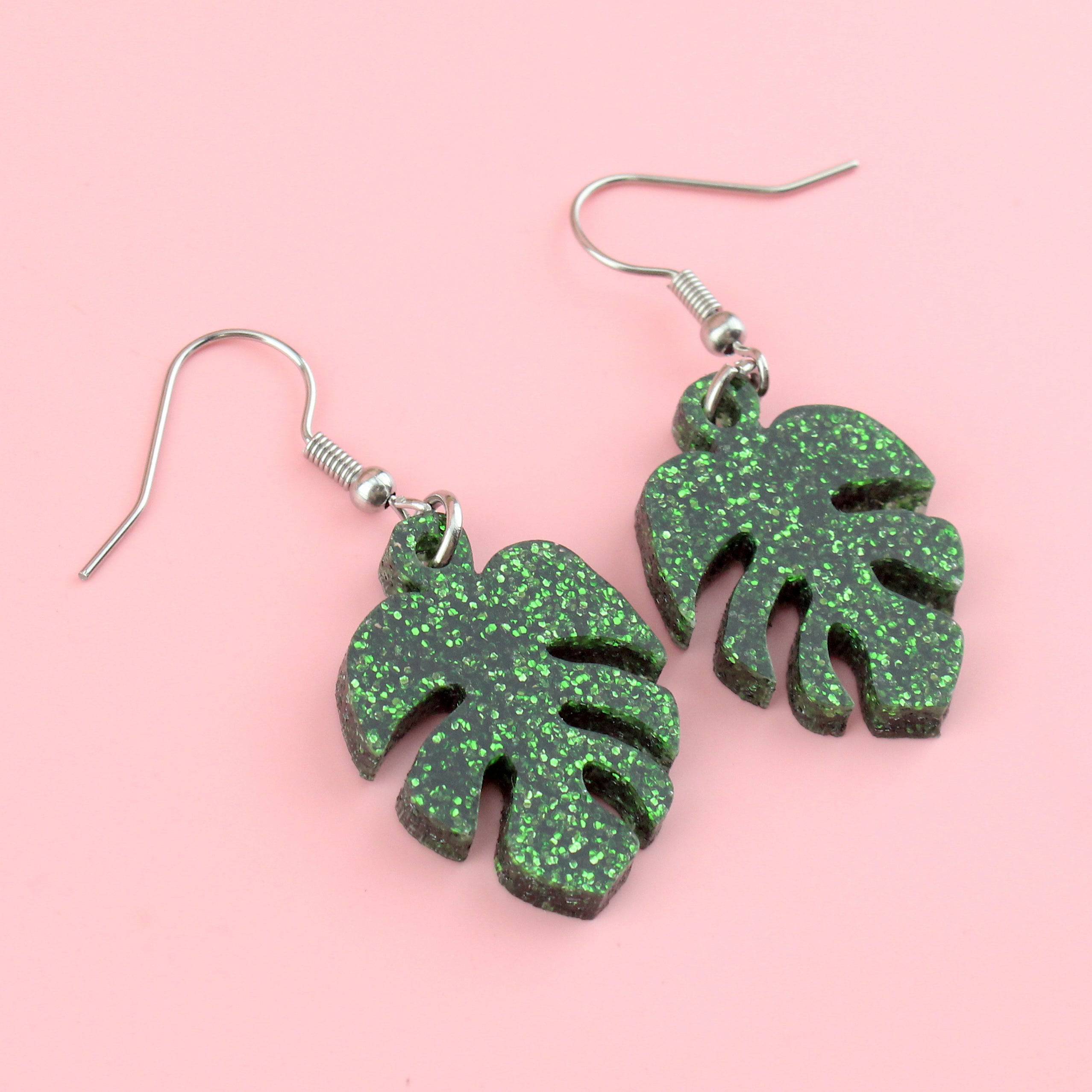 Green Glitter Monstera Earrings