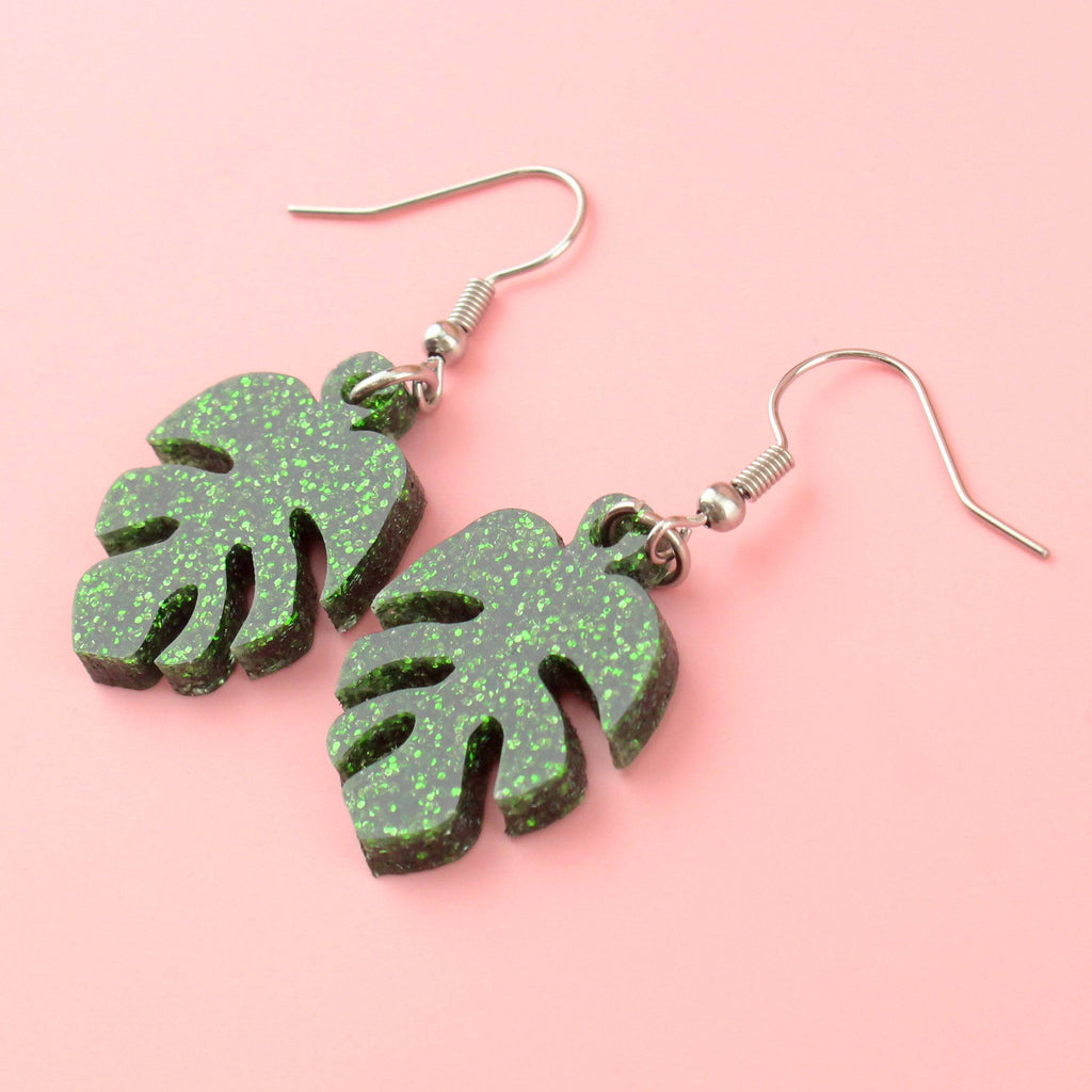 Green Glitter Monstera Earrings