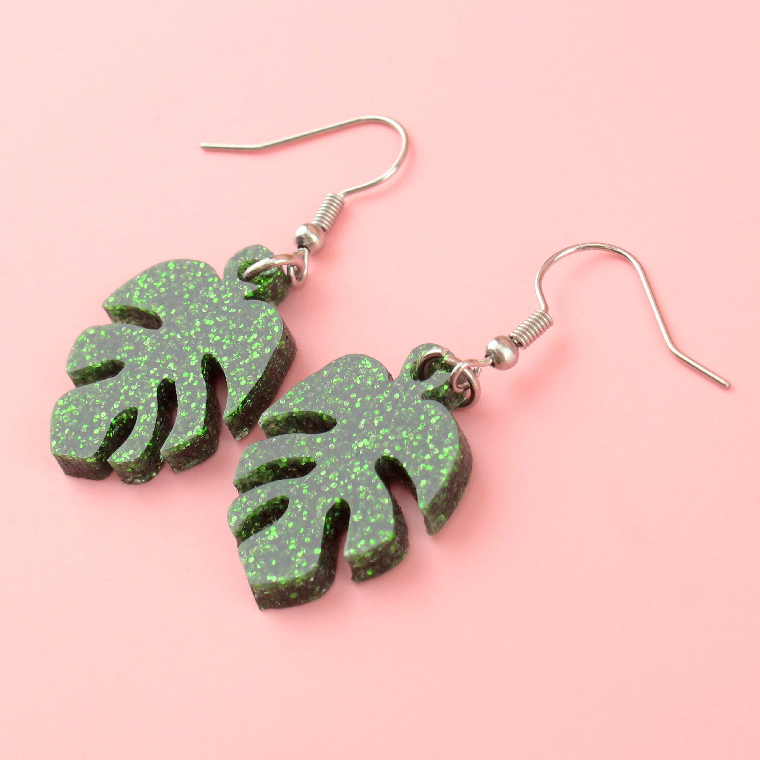 Green Glitter Monstera Earrings