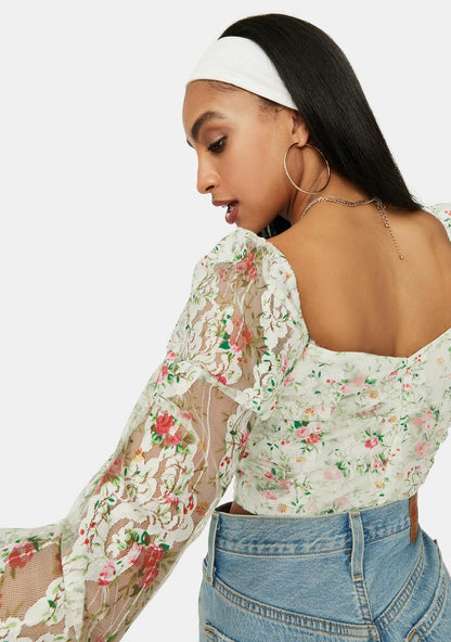 A Girls World Sheer Floral Lace Crop Top