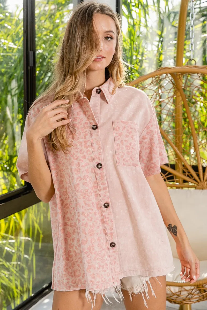 BiBi Mineral Washed Leopard Print Short Sleeve Shirt