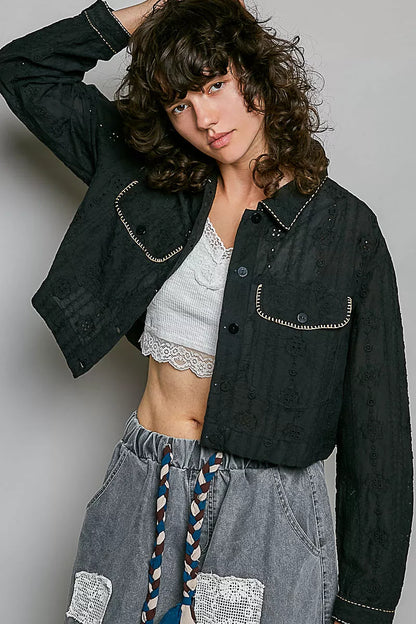 POL Cropped Button-Front Eyelet Cotton Jacket