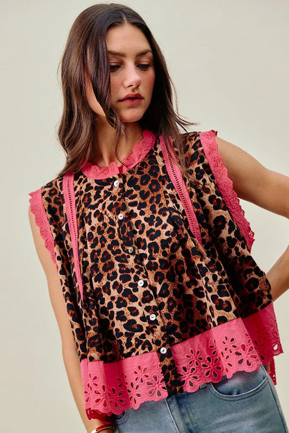 SO ME Leopard Button Up Pleated Sleeveless Blouse