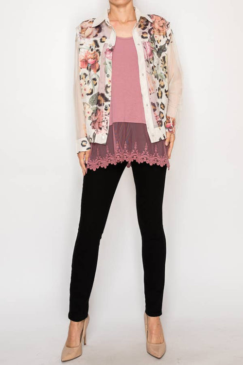 Faux Suede Mesh Trimmed Detailed Jacket - 4820BG-LEO FL: LEO FL / S