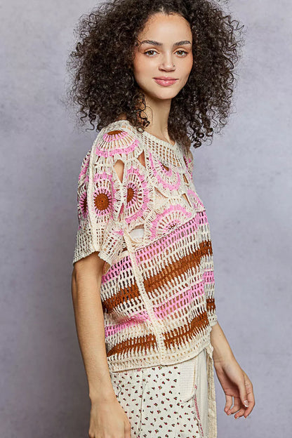 Weave Pattern Short Sleeve Crochet Top with Border Accents