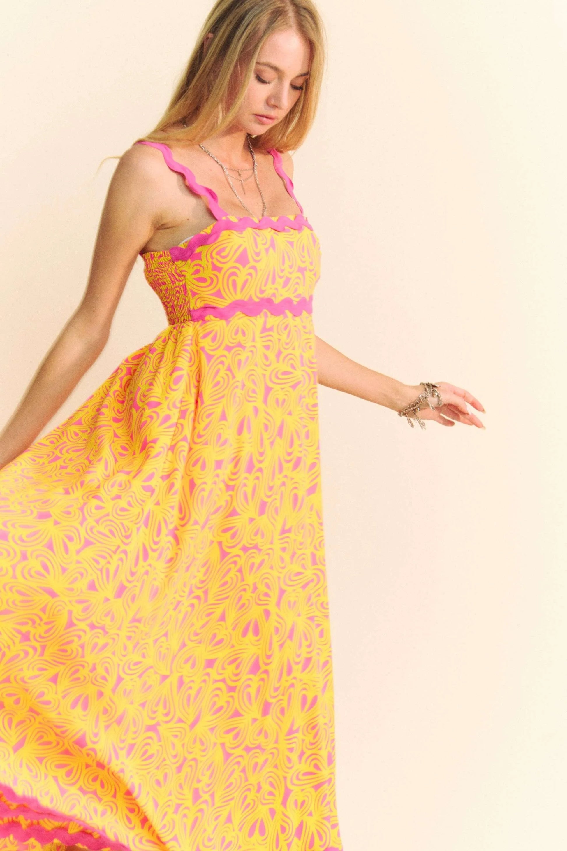 Davi & Dani Geo 2 Tone Printed Wavi Trim Tiered Maxi Dress