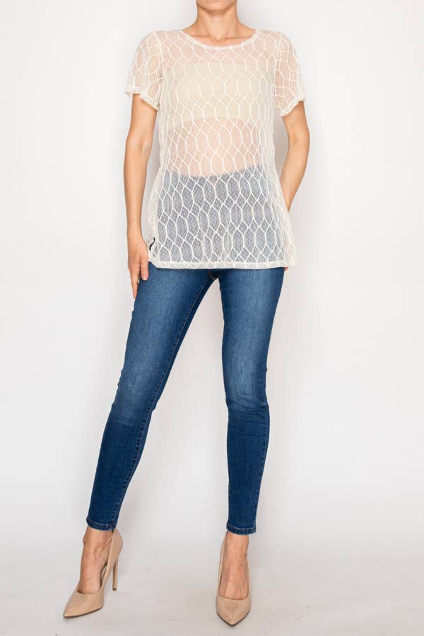 Origami - Sheer Lattice Mesh Short Sleeve Blouse - Beige