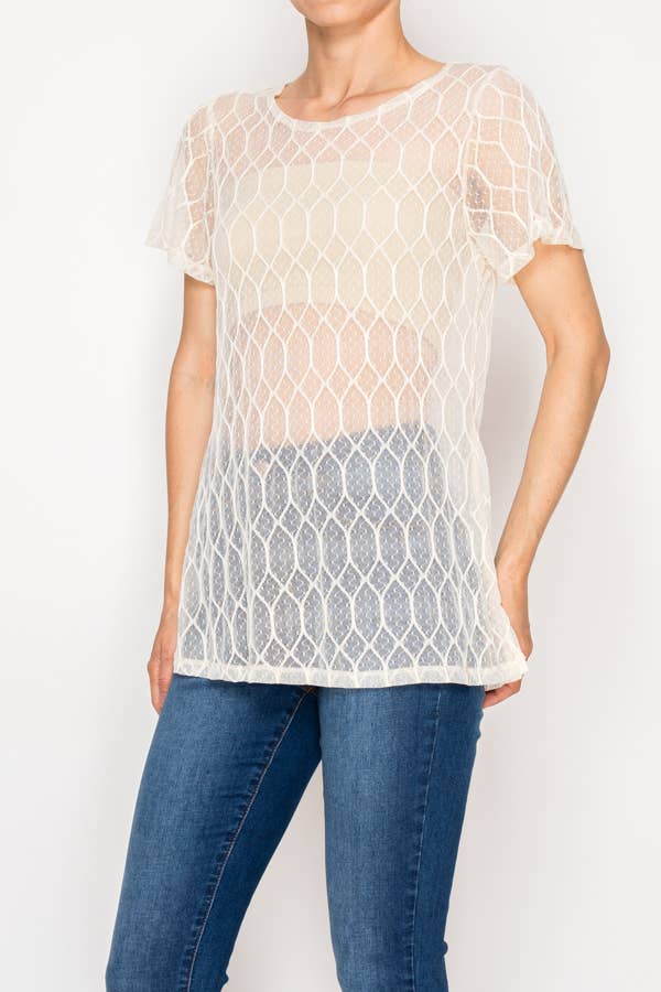 Origami - Sheer Lattice Mesh Short Sleeve Blouse - Beige