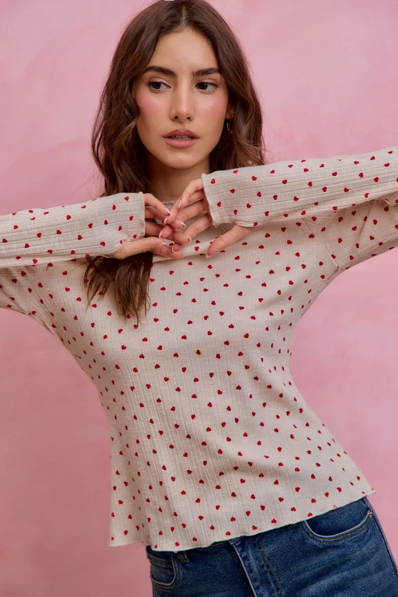SO ME Ditsy Heart All Over Slub Rib Knit Valentine Top yr