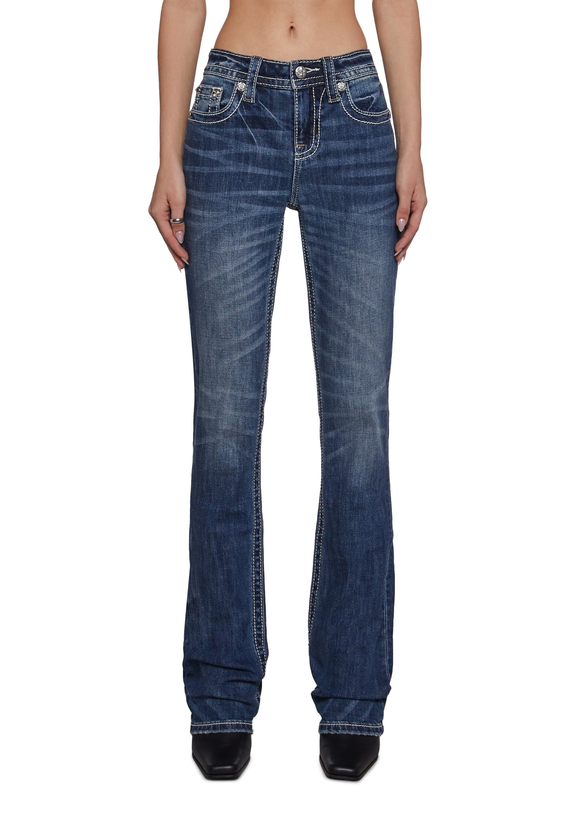 34" Mid Rise Washed Boot Cut Jeans