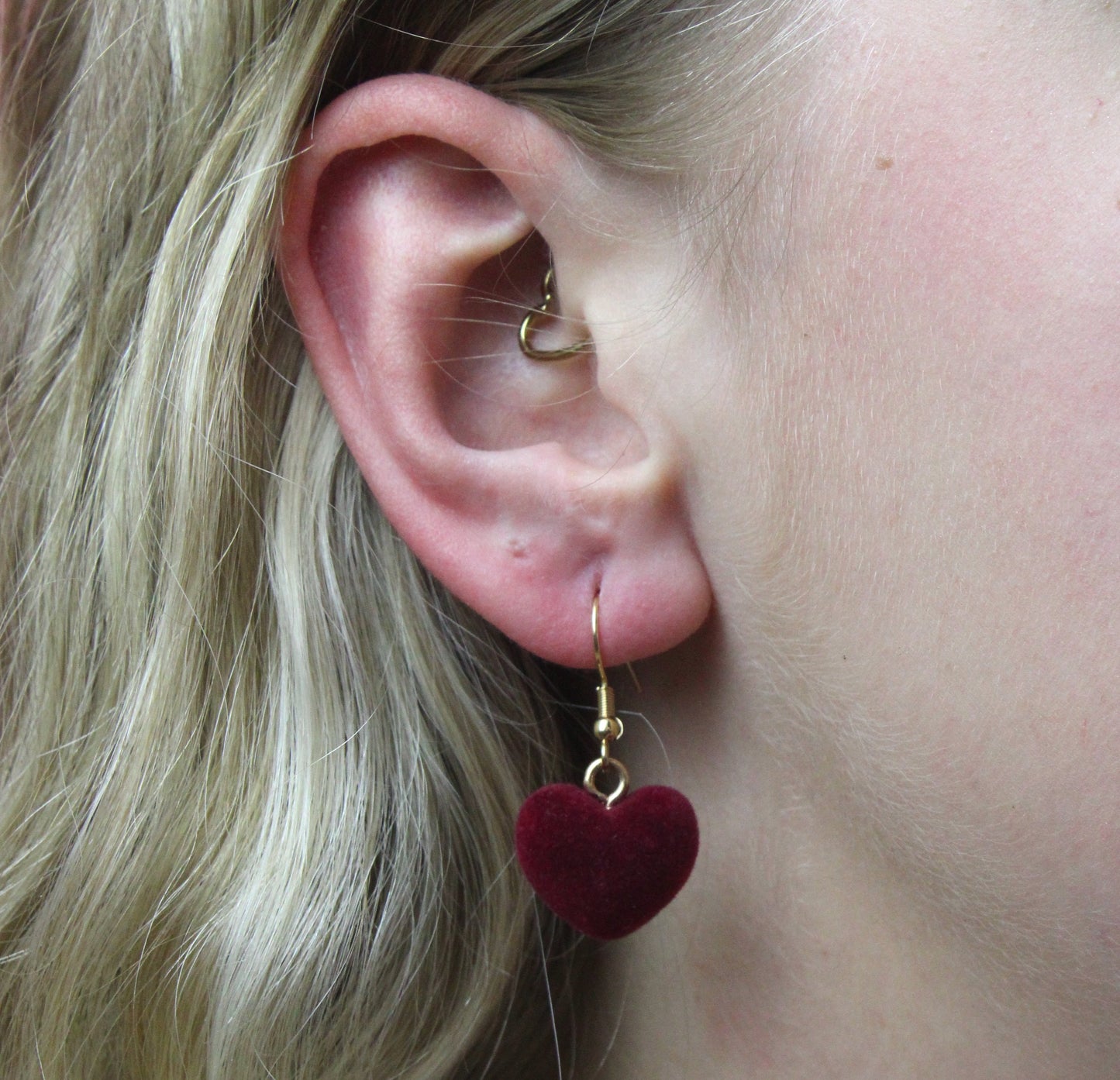 Fuzzy Dark Red Heart Earrings