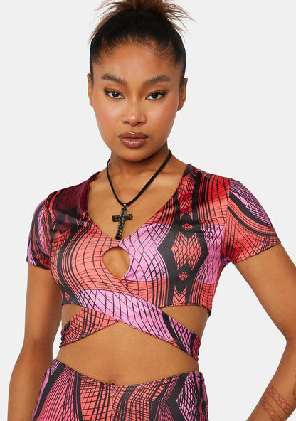 Abstract Printed Wrap Crop Top