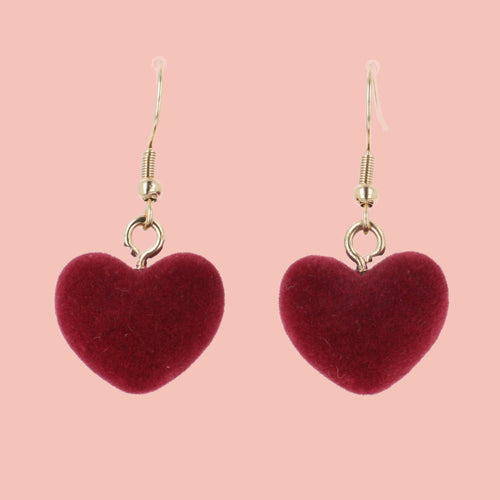 Fuzzy Dark Red Heart Earrings