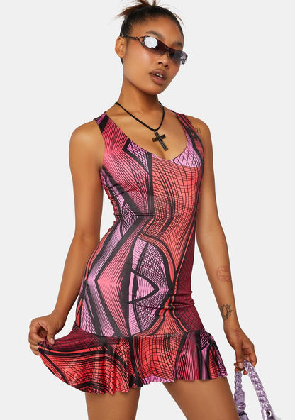 Abstract Printed Plunge Frill Hem Micro Mini Dress